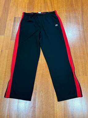 Russell Athletic Men's Black Track Pants w/ Red Side Stripe & Ankle Zippers Sz L